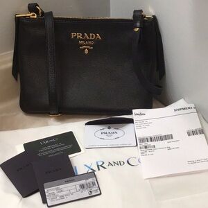 Prada BANDOLIERA soft Black Leather Crossbody w/Gold-Tone Logo double zip top.